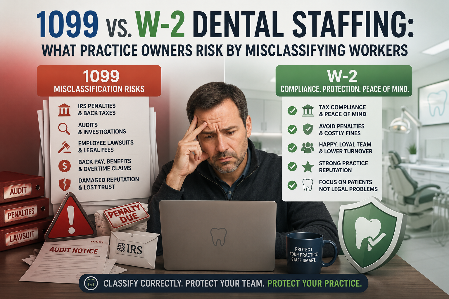 1099 vs. W-2 Dental Staffing: What Practice Owners Risk by Misclassifying Workers